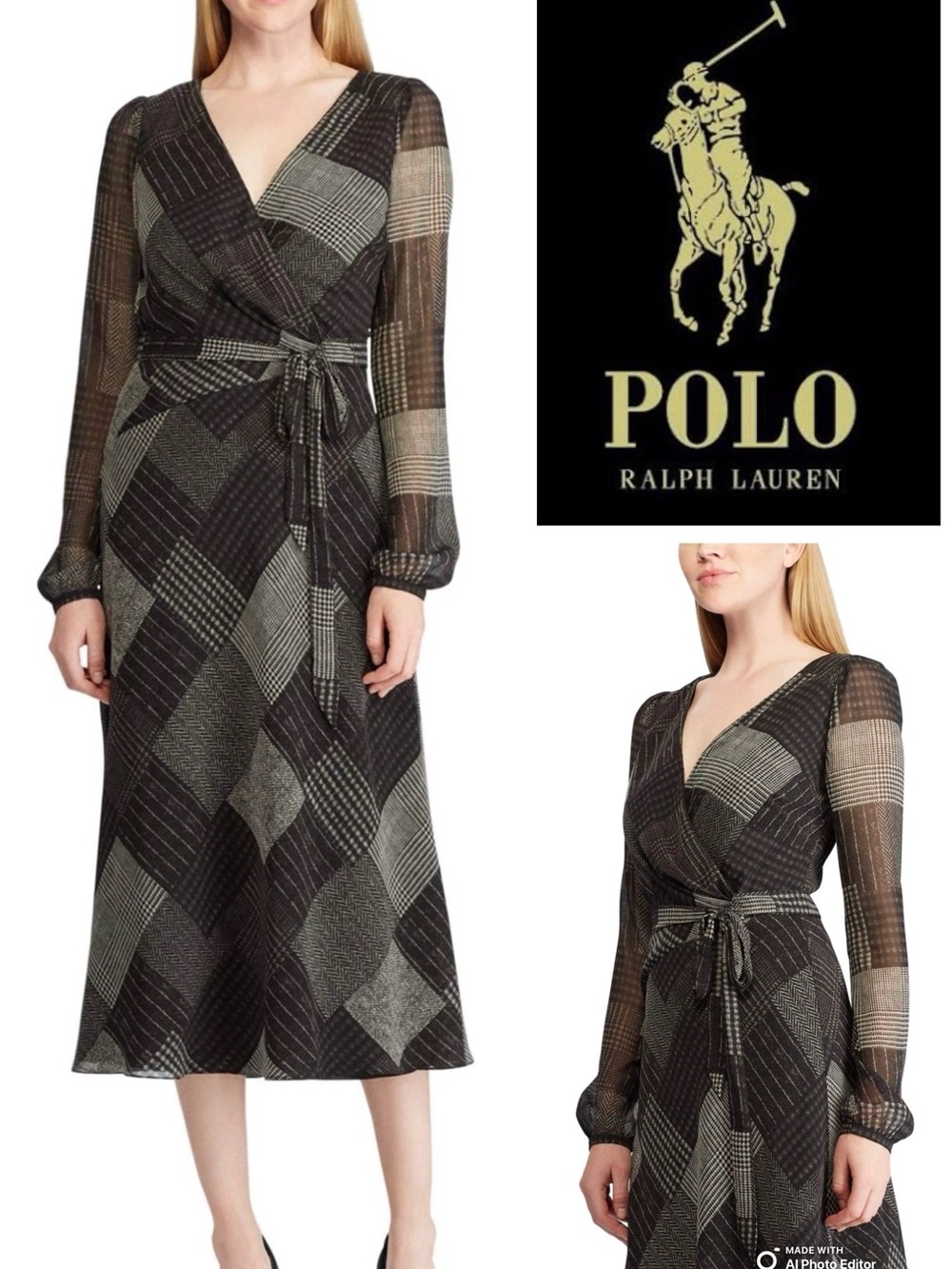 Polo by Ralph Lauren Black & Gray Plaid Wrap Maxi Dress